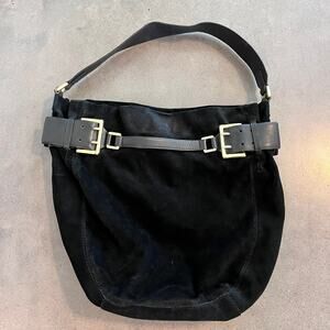 DKNY Black leather suede gold bucket shoulder hobo bag womens purse medium
